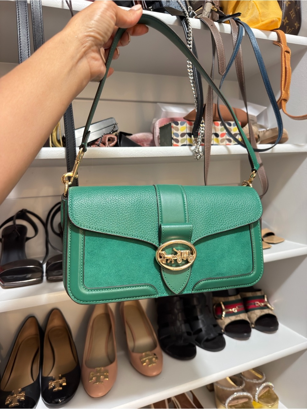 Coach Green Leather and Suede Shoulder Bag with Gold Horsebit